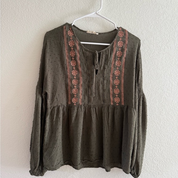 entro Tops - Entro Olive Green Blouse with Pink Embroidery